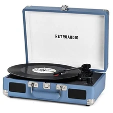Vinyl Record Playertooth Vintage Portable Suitcase Turntable with Built-in Blue
