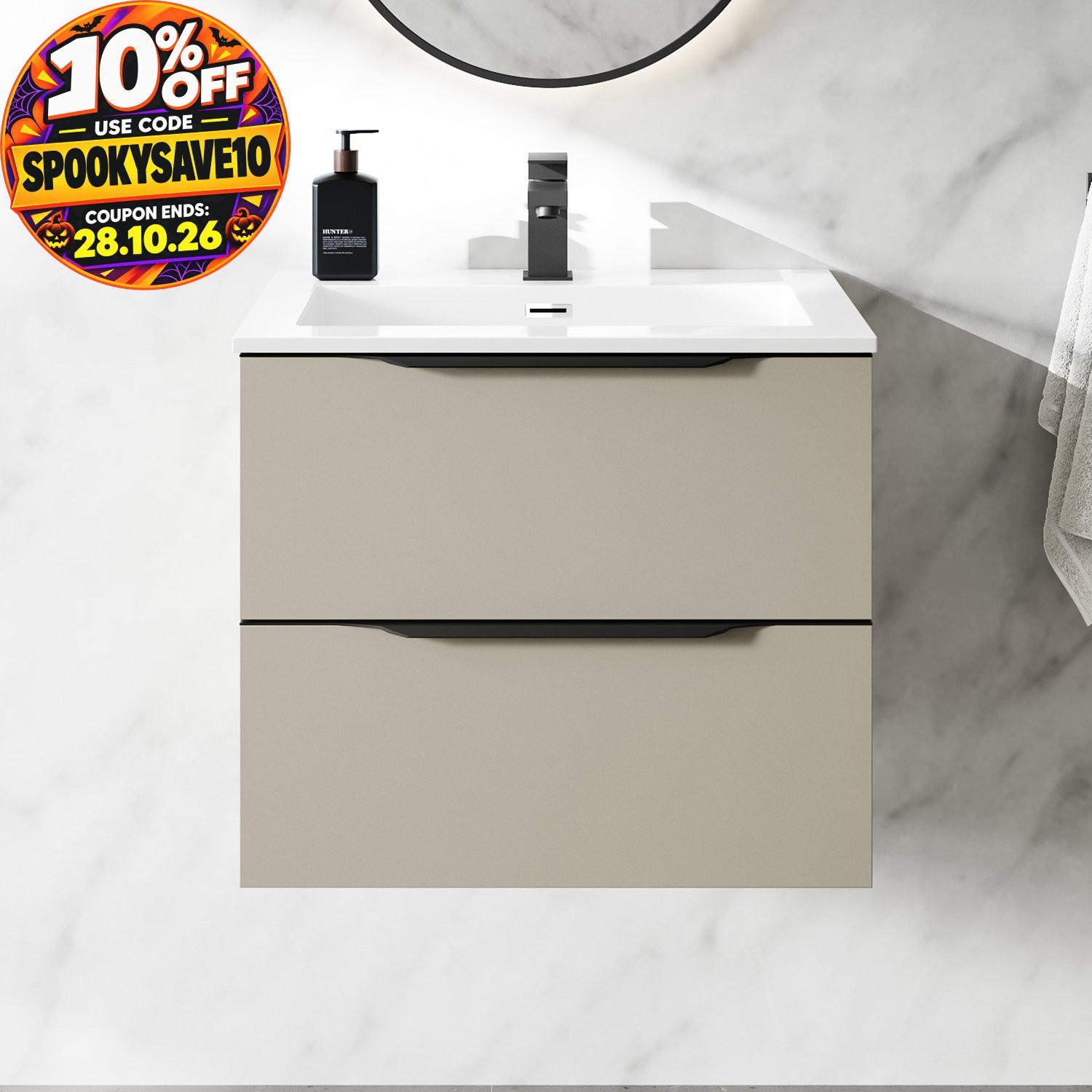 600mm Bathroom Vanity Unit Basin Wall Hung Furniture 2 Soft Close Drawers Taupe