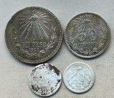 MEXICO SILVER 1 PESO 1932 (WAS MOUNTED) , 50 CENTAVOS 1943, 20 C 1933, 10 C 1910