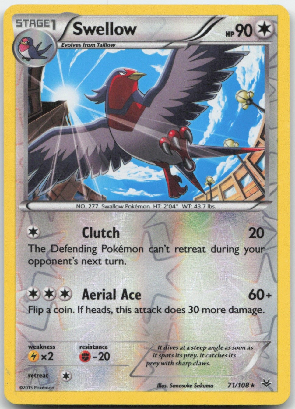 Swellow (71) 71/108 Reverse Holo XY - Roaring Skies Pokemon Card LP