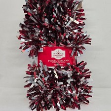 Holiday Time Tinsel Garland Red Cracked Ice Silver Thick 12 Ft Christmas Party