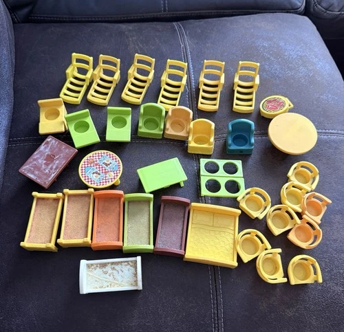Huge FPLP Vintage Fisher Price Little People Furniture Lot Chairs Beds Table++