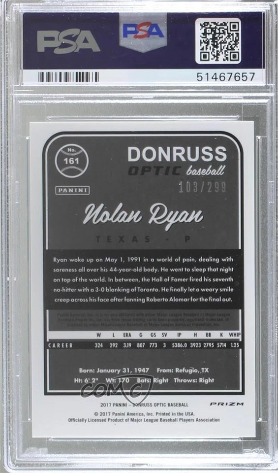 2017 Panini Donruss Optic Aqua Prizm /299 Nolan Ryan #161 PSA 9 MINT HOF - Image 2 of 2