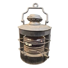 Antique Vintage 1800's Ships Lantern Lamp Light Curved red glass lens