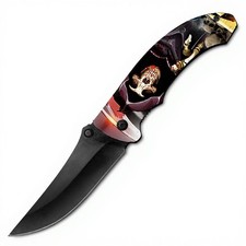 8" Grim Reaper Spring Assisted Folding Knife Black Blade Skull Skeleton Handle