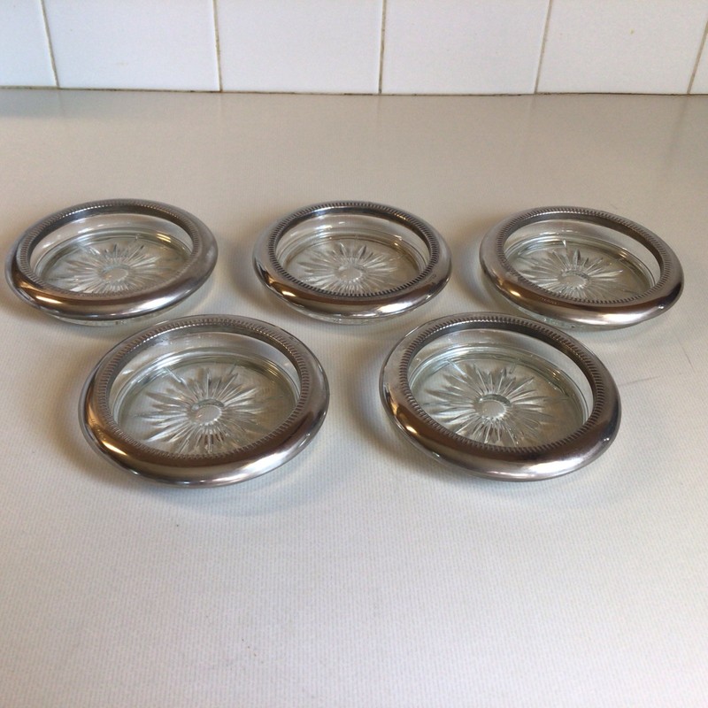 Set of Five (5) Leonard Genuine Crystal Silverplate Coasters made In Italy - MCM