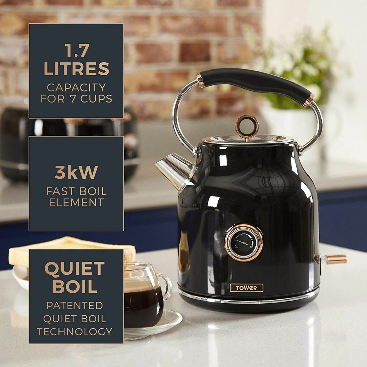 Tower T10020 Black Rose Gold Rapid Boil Quiet Kettle