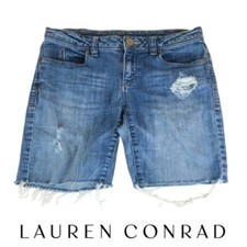 Cut-Off Distressed Medium Blue Wash Jean Shorts, Size 2