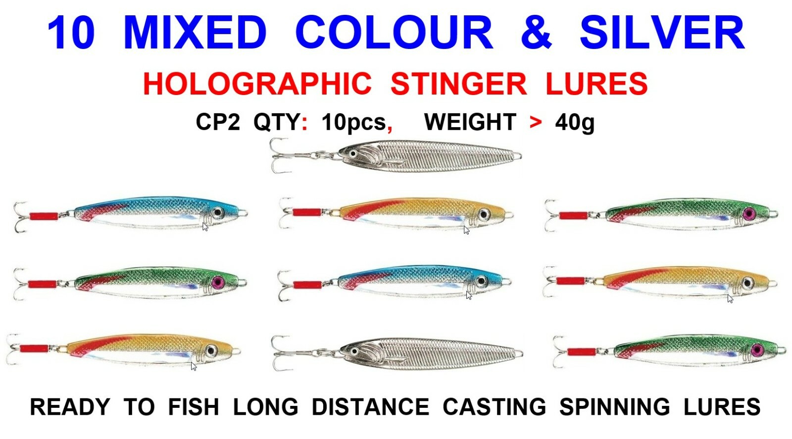 10 MIXED STINGER LURES 40g CP2 COARSE SEA FISHING SPINNERS PIKE BASS MACKEREL