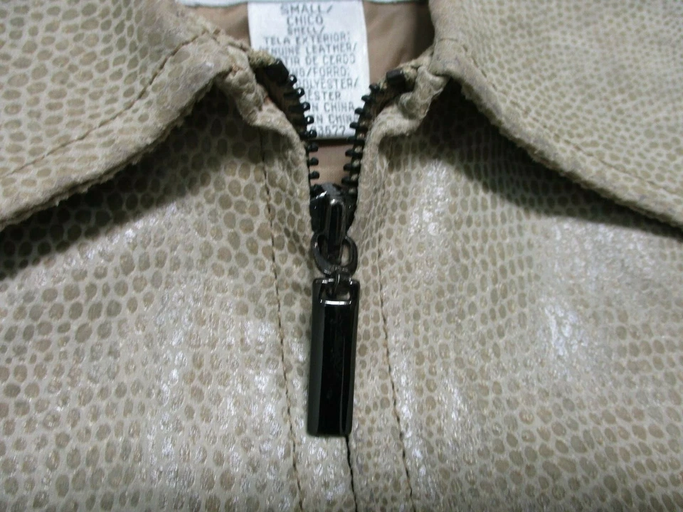 Jacqueline Ferrar кожаная куртка маленький бежевый зеленый подлинный змея пальто молнии женщин - Изображение 3 из 4