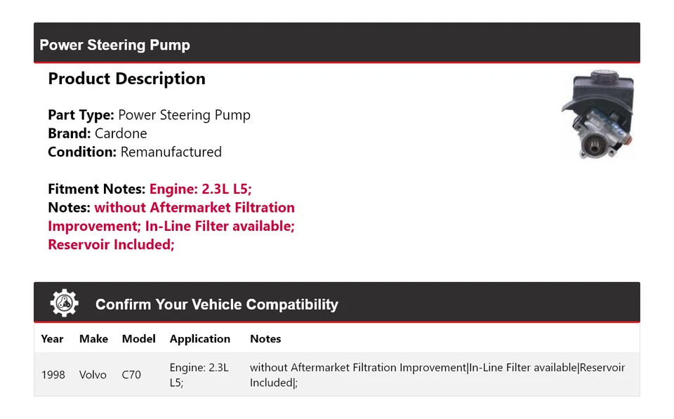 Bomba de direção hidráulica Cardone para 1998 Volvo C70 2.3L L5 - Imagem 2 de 4