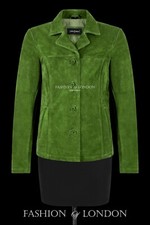 Woman’s Lime Green Suede Leather Classic Blazer Style Box Button Jacket Jennifer