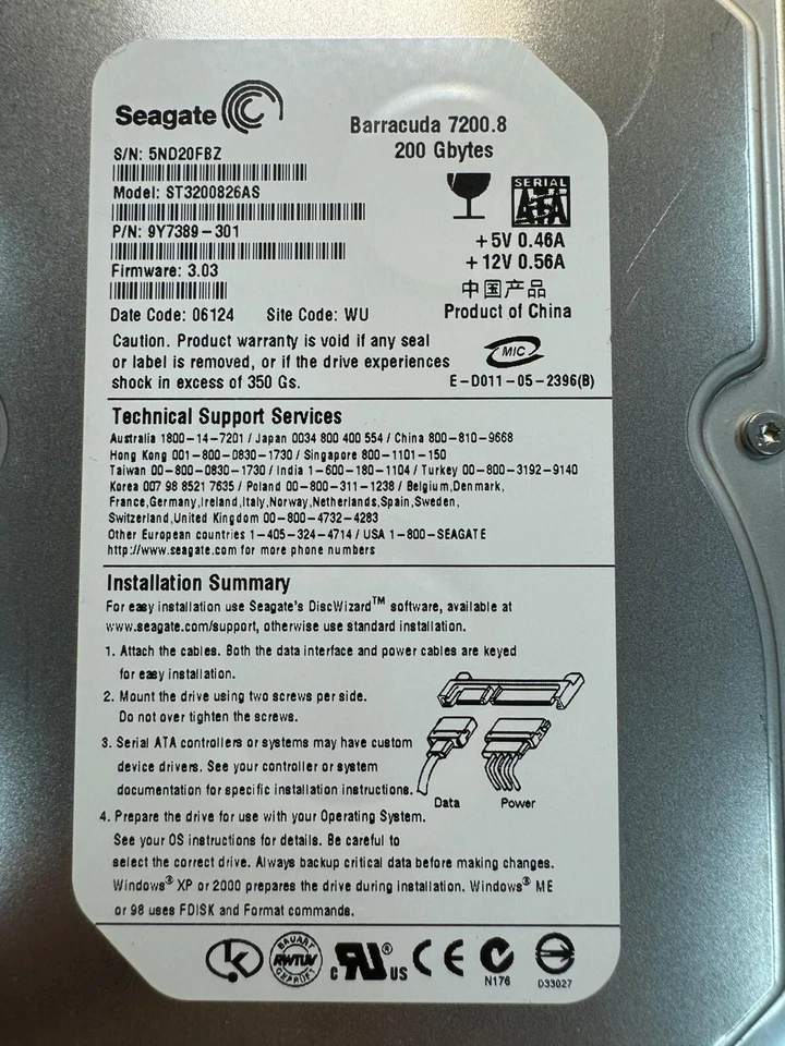 SEAGATE ST3200826AS 9Y7389-301 200GB Firmware 3.03 Code 06124 SATA 3.5" HDD - Image 2 of 4