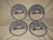 4- Folk Craft Cabin the Snow 10 1/2" Dinner Plate Tienshan Christmas Replacement