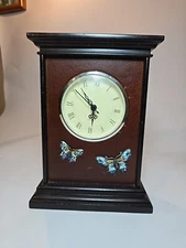 Wooden Quartz Mantel Clock Untested With Butterfly Accents