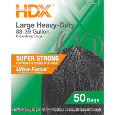 HDX 33-39 Gal Black Heavy Duty Drawstring Trash Bags 50-Count Recycled Plastic