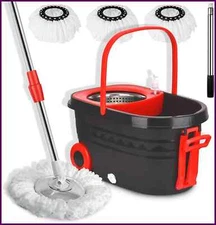 360° Spin Mop Bucket Sets Wrings System, Bucket with Wheels and 61''/155cm