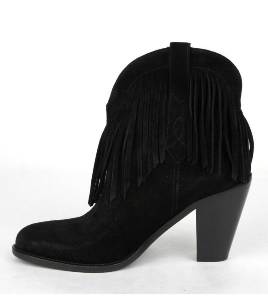 Stivaletti con tacco e frange scamosciati neri Saint Laurent nuovi con etichette US 6 5 YSL $485
