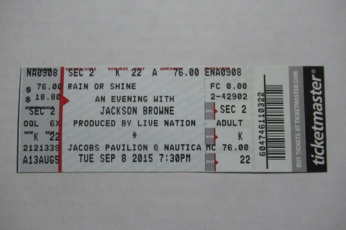 JACKSON BROWNE CONCERT TOUR 9/8/2015 FULL TICKET JACOBS PAVILIAN CLEVELAND