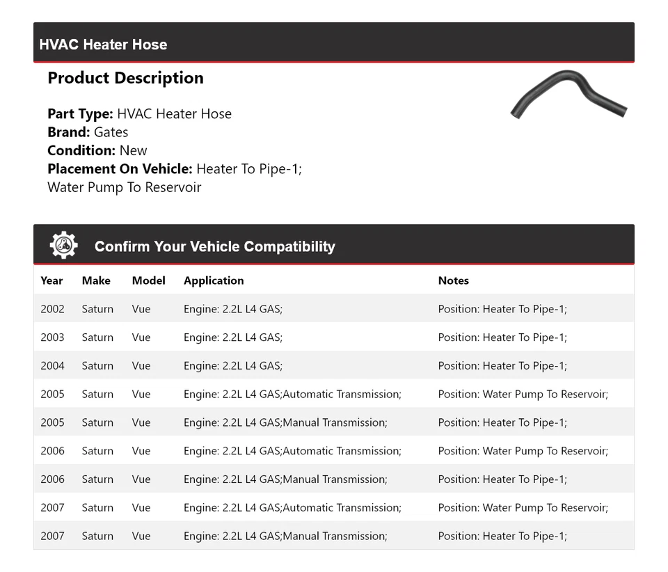 Puertas de manguera de calefacción de gas para calefacción Saturn Vue 2002-2007 2,2 L L4 2003 2004 2005 2006 Foto 2 de 4