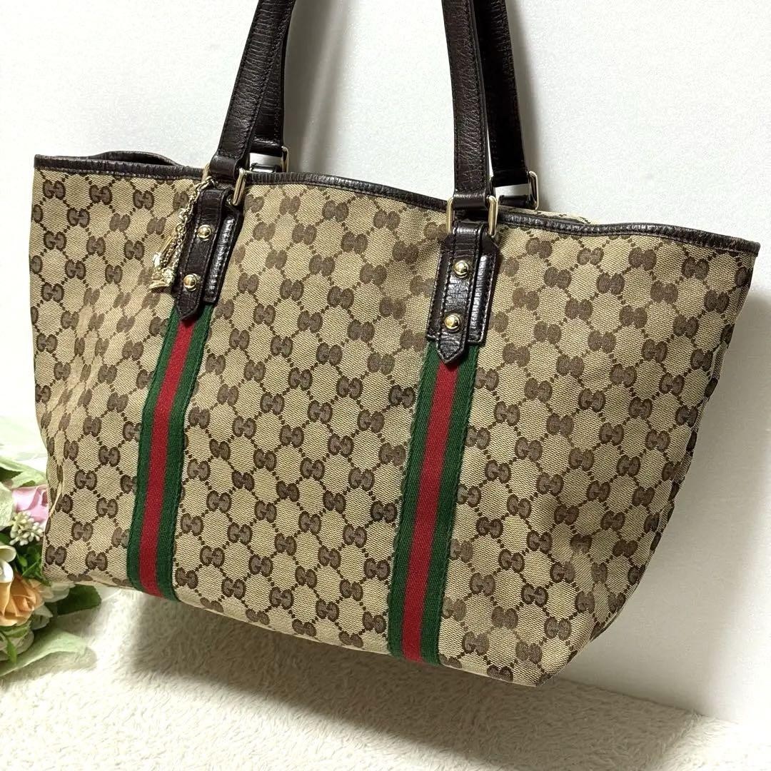 GUCCI GG Canvas Sherry Line Tote Bag with Charm A4 Size Japan Import