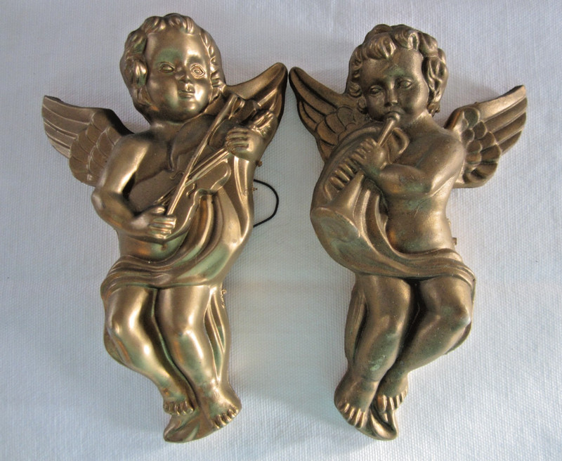 VTG Lot of 2 CHERUB ANGEL Musicians GOLD Christmas Plastic Ornaments Hong Kong