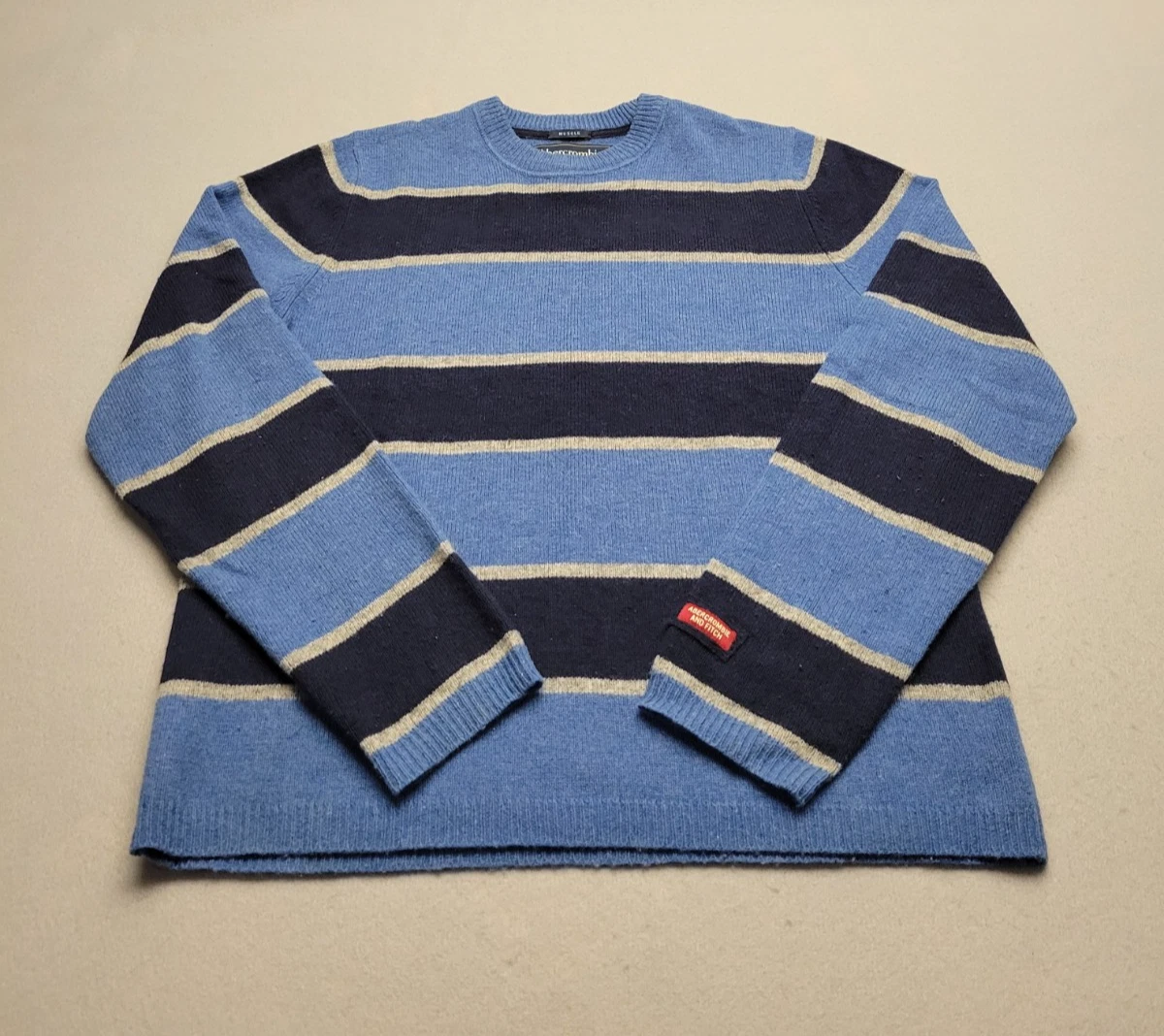 Abercrombie & Fitch Men's Muscle Lambswool Blend Blue Striped Sweater Size XL