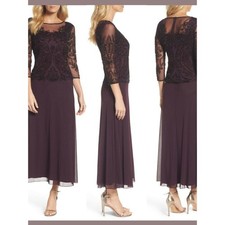 Pisarro Nights Plum Beaded Mesh Midi Dress Formal Event Evening Gala MOB Wedding