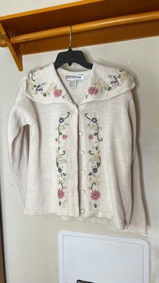 Crystal Kobe Floral Embroidered Cardigan Sweater Large Ivory Ramie/Cotton granny