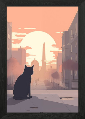 Gerahmtes Wandbild Poster Leinwanddruck Bild Katze bei Sonnenuntergang in der Stadt