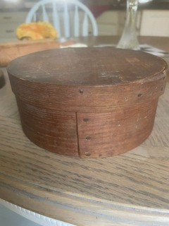 Antique Primitive Shaker Style Wood Pantry Box 6 1/2” Round Brown Square Nails
