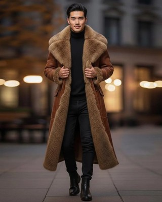 Vintage Shearling Fur Aviator Coat   Handmade Sheepskin Leather Winter Overcoat