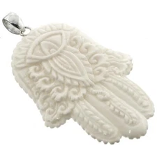 925 Sterling Silver Hand Carving Hamsa Hand Bison Bone Pendant, 2 3/4"