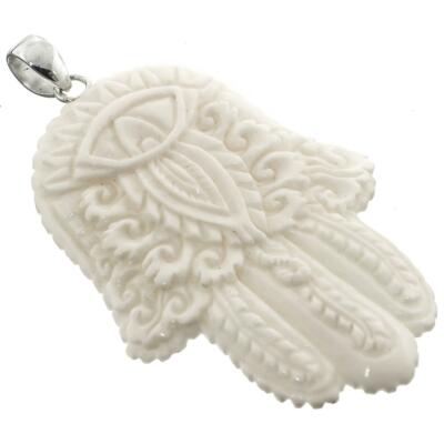 925 Sterling Silver Hand Carving Hamsa Hand Bison Bone Pendant, 2 3/4''