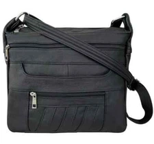 Black Leather Concealed Carry Gun Purse Concealment Bag with Locking Zipper CCW