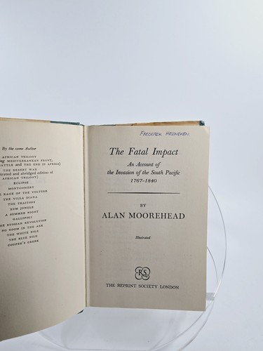 1967 hardcover of *The Fatal Impact* by Alan Moorehead with green dustjacket and title page.