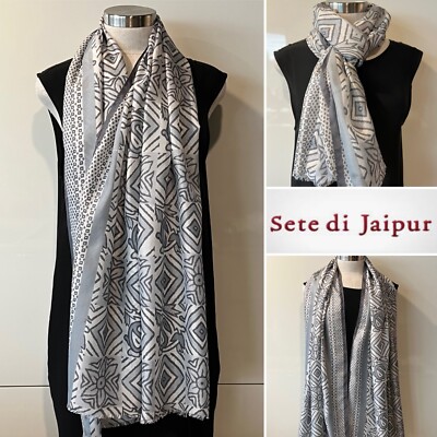 SETE DI JAIPUR Silk Grey/White Floral Scarf/Wrap, Fringes 67cm x