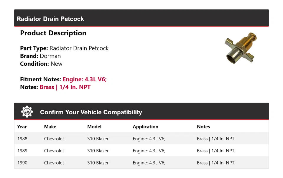 Chevrolet S10 Blazer 1988-1990 4,3 L V6 Dorman radiador drenaje Petcock 1989 Foto 2 de 4