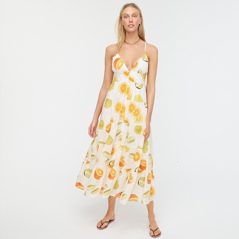 NWT J.Crew Edie Parker Button-front Tiered Maxi in Limes Oranges Citrus Dress M