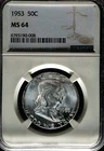 1953 Franklin Half Dollar Silver UNC NGC MS64, Tone Flecks Over White 190-008
