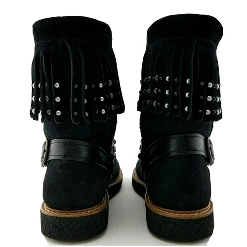 COACH ROCCASIN Boots Fringe Studded Black Suede Shearling Moccasin US 6/36.5 NEW - Picture 6 of 7