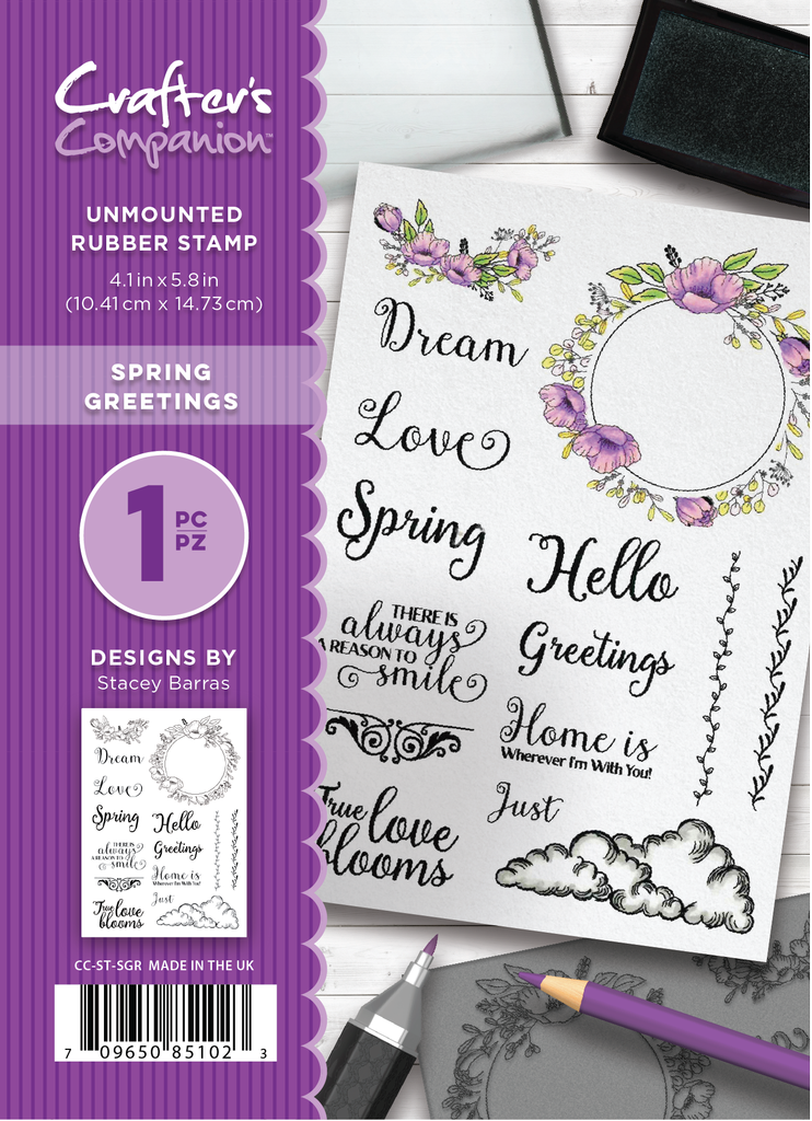 Spring Greetings - Crafters Companion A6 unmounted rubber stamp