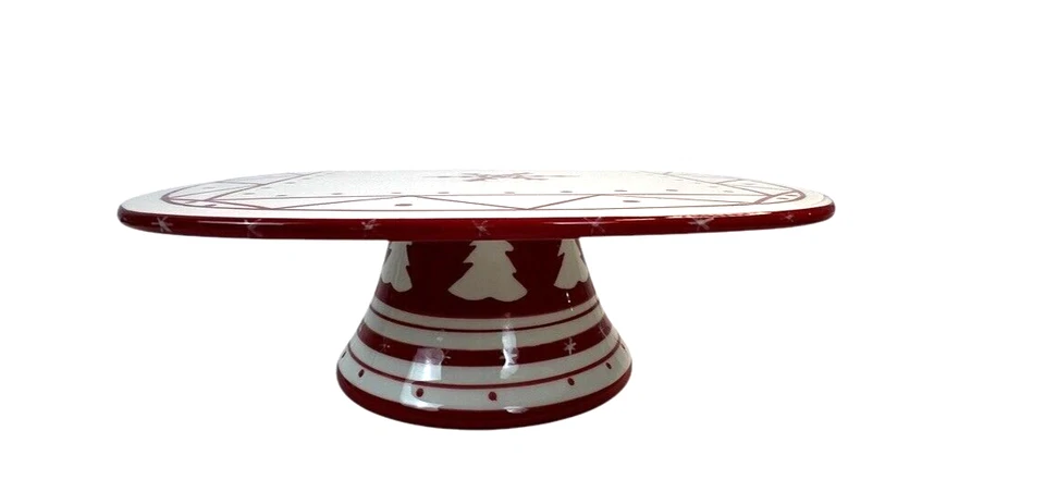 Red & White Snowflake Christmas Tree Pedestal Cake Stand Square 12" x 4" - Image 2 of 4