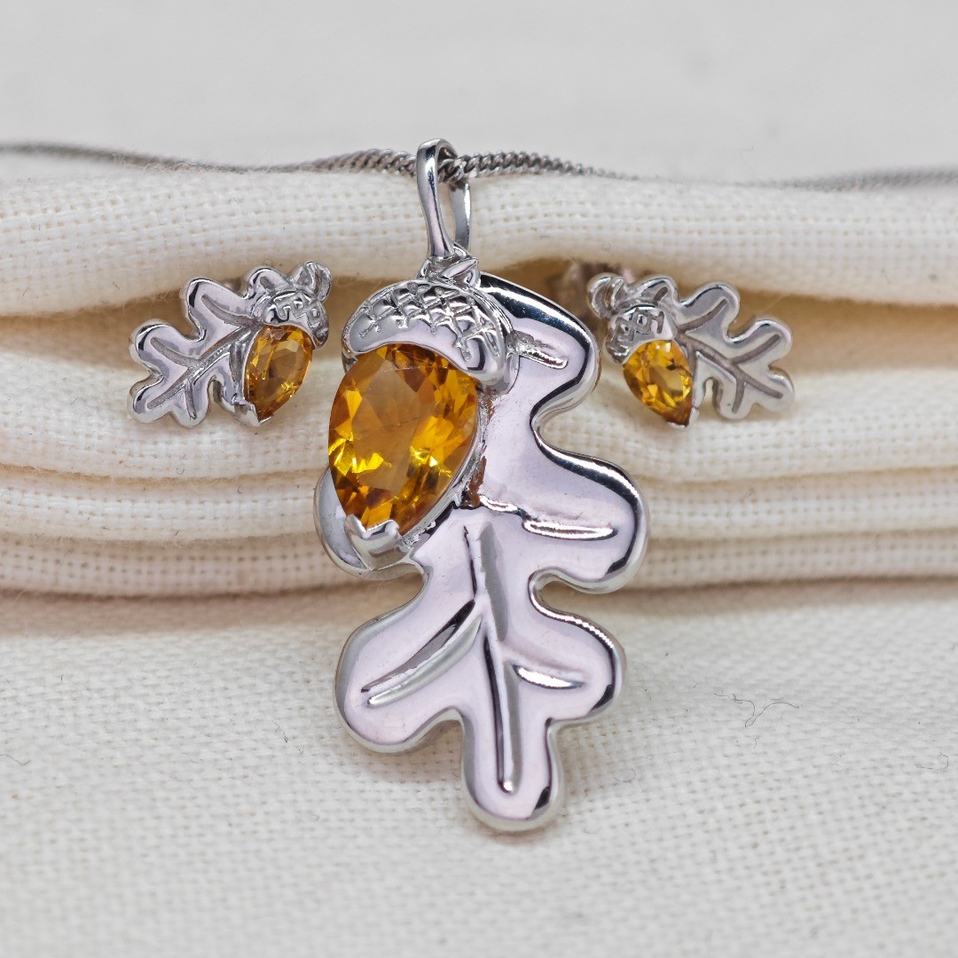 Sterling Silver Citrine Necklace Stud Earring Oak Acorn s