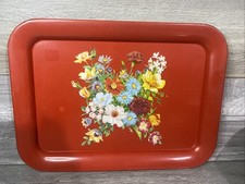Vintage Metal Tray Red Floral Flowers 14x9 Br...