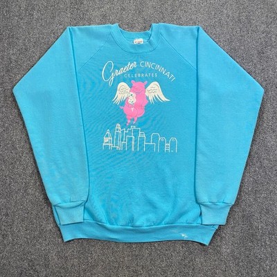 VINTAGE Graeter's Ice Cream Cincinnati Flying Pig Sweatshirt Mens XL BLue FLAWS