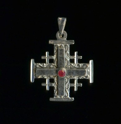 14K 6,87 Gramm 40mm Massiv Weißgold Rund Rot Rubin Jerusalem Kreuz Anhänger VB