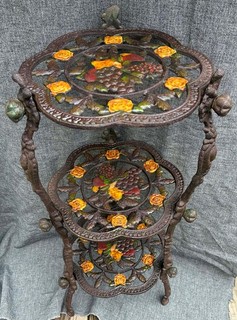 Antique Art Nouveau Cast Iron 3 Tier Floral Enamel Plant Stand Side Table 24x12"