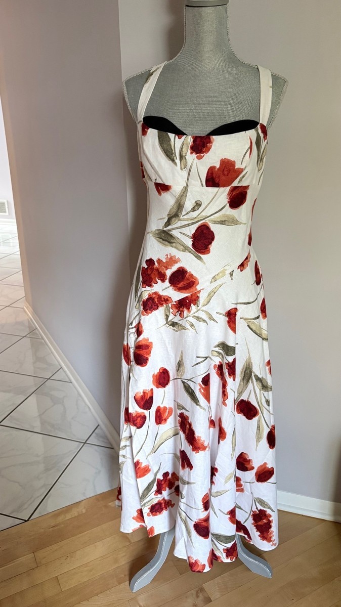 Reformation Bekki 100% Linen Floral Sweetheart Neck Flare Midi Dress NWT  Size 10 | eBay