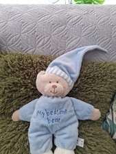 VINTAGE MOTHERCARE MY BEDTIME BEAR TEDDY BLUE PLUSH COMFORTER STRIPED HAT FEET